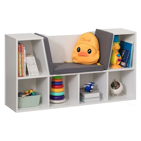 BASICWISE White Modern Multi-Purpose Bookshelf with Storage Space and Gray Cushioned Reading Nook QI004152.WT